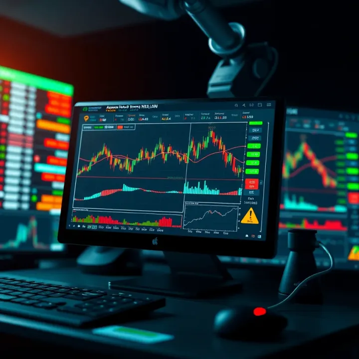Automated Binary Options Trading System Highlighting Risks and Benefits Conceptual graphic of automated trading system managing binary options with charts and risk indicators