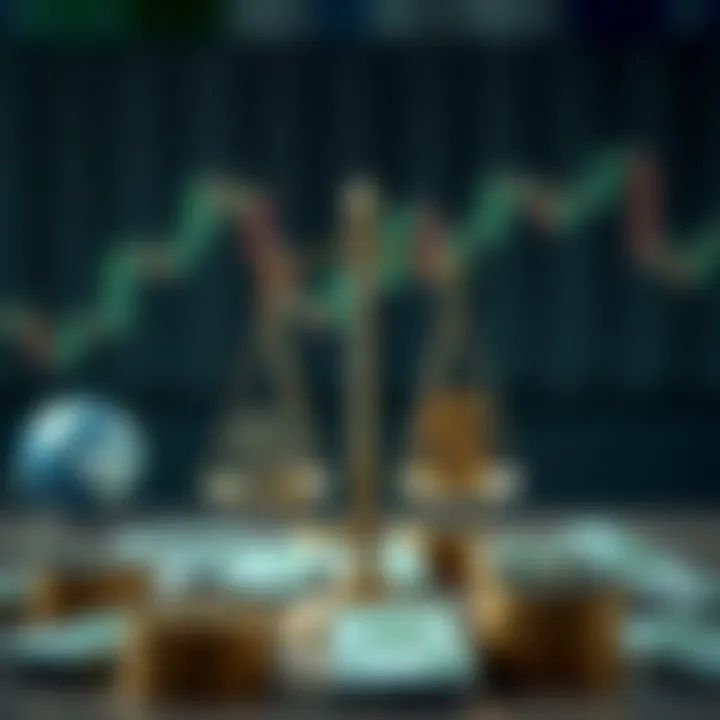 Conceptual illustration of risk management with scales balancing currency symbols