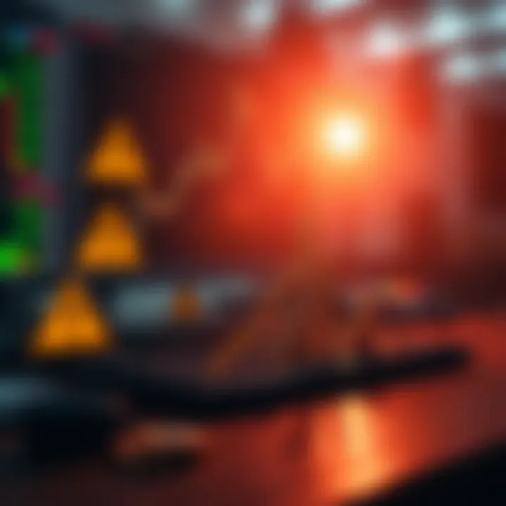 Visualization of risk management strategies in binary option trading including caution symbols and financial growth indicators