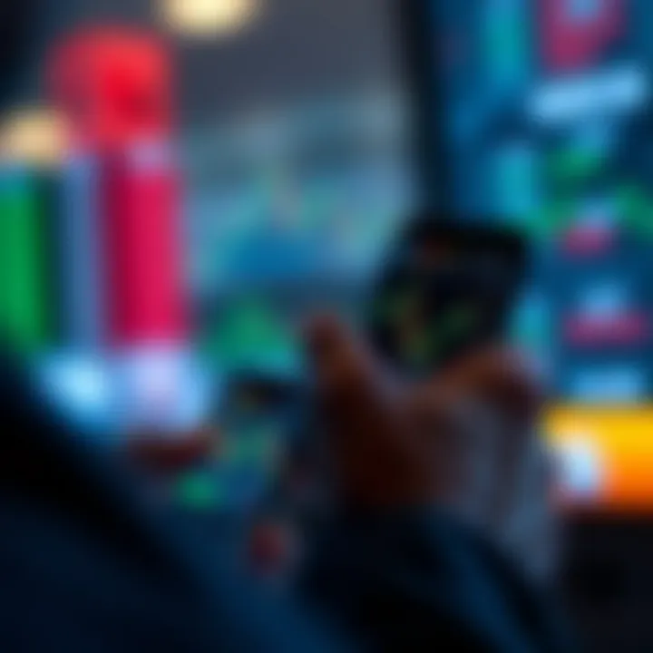 User interacting with a smartphone displaying forex trading charts and analytics