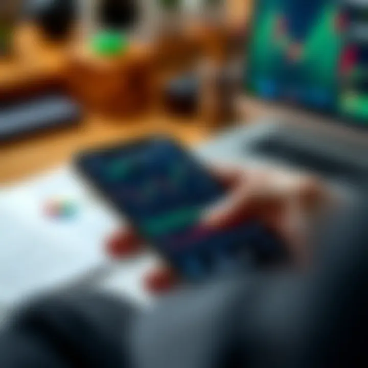 Mobile device displaying forex trading app with currency charts and analytics