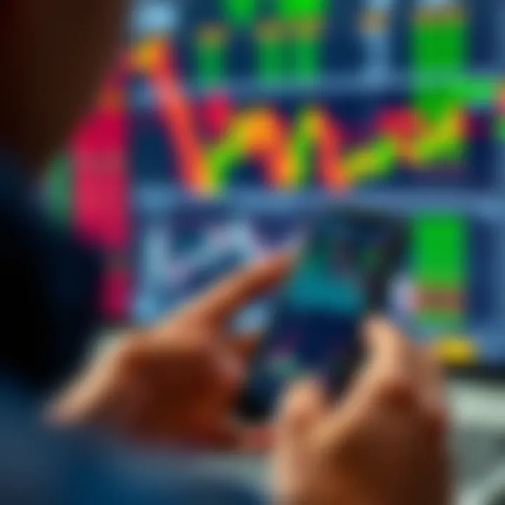 Person using a smartphone to monitor forex market trends with graphical data visualizations