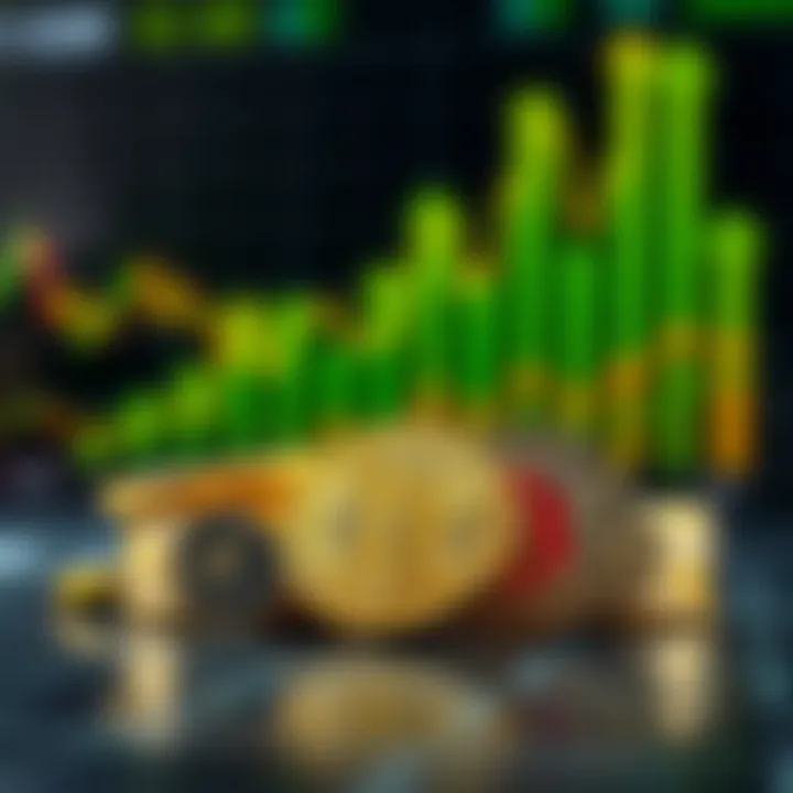 Conceptual graphic showing digital currency symbols and financial growth charts