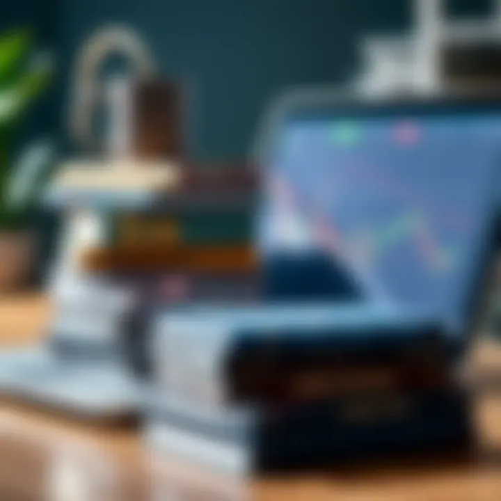 Stack of forex trading books alongside a laptop displaying currency exchange rates