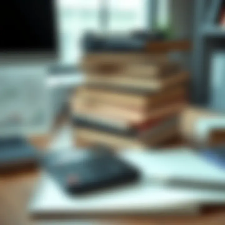 Key Forex Trading Books Covering Strategies and Trading Psychology Stack of forex trading books with a calculator and notebook on a desk