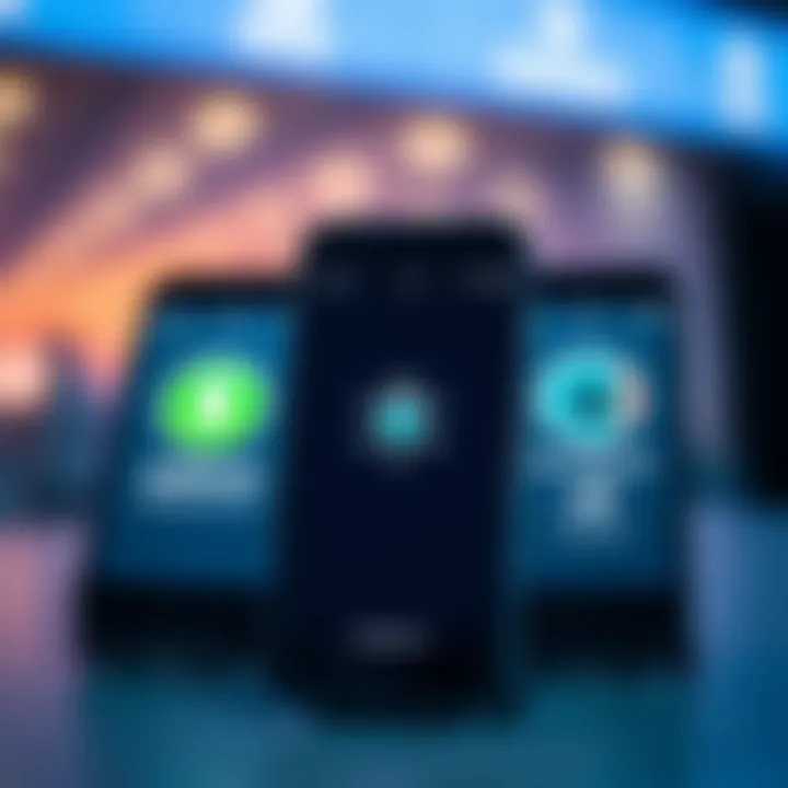 Illustration of mobile devices showing app download icons and secure connection symbols