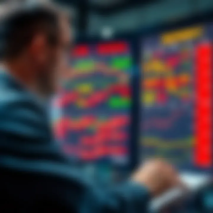 Forex trader analyzing an economic calendar with various currency icons and event impact levels