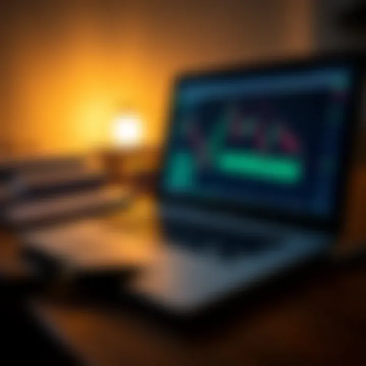 Open laptop displaying forex market data with educational materials and a pen on a desk
