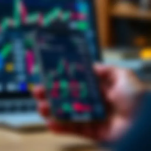 Forex Trading App Interface on Mobile Device Mobile device displaying a forex trading app interface with charts and currency pairs