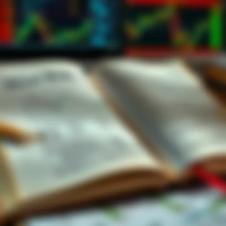 Open book with charts and notes on forex trading techniques and risk management