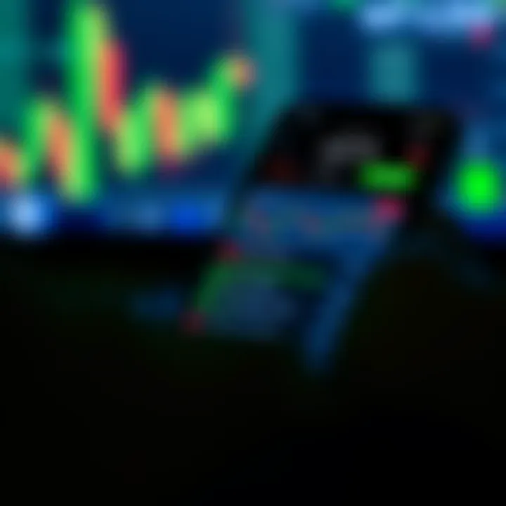 Mobile phone displaying a forex trading application interface with currency charts and trading options