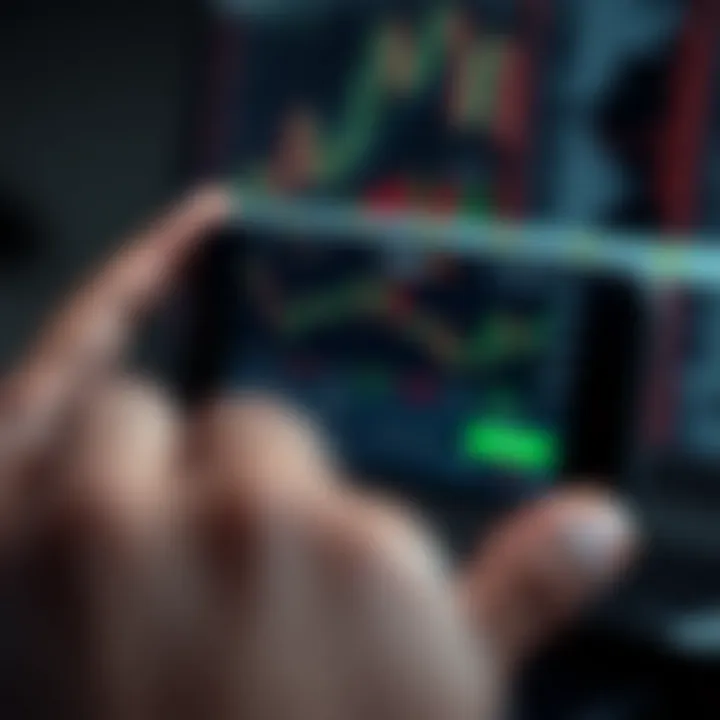 Mobile device showing a binary trading platform interface with charts and trading options