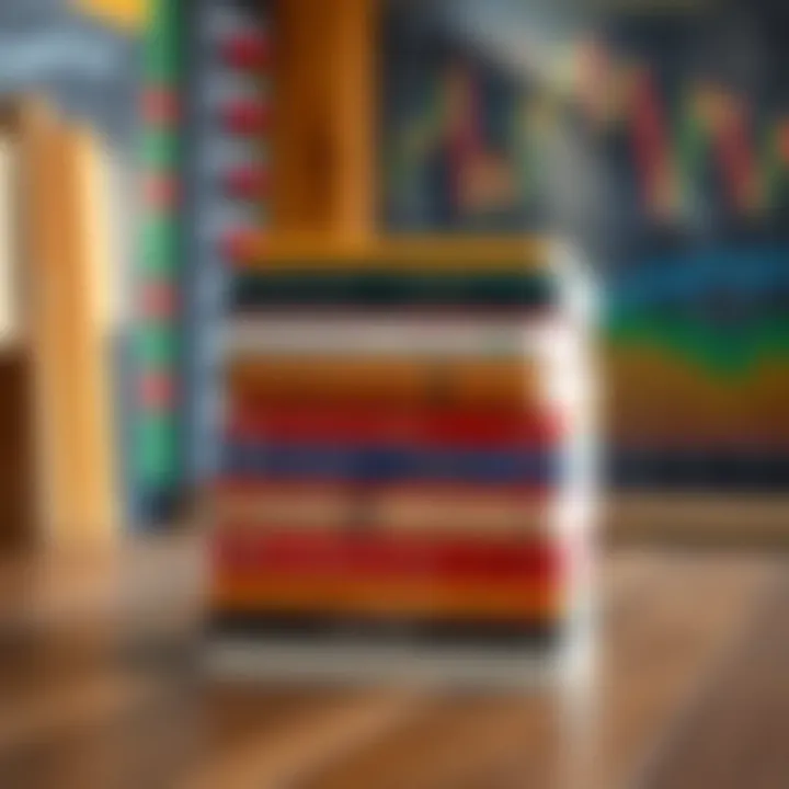 Stack of essential forex trading books on wooden table with financial charts background