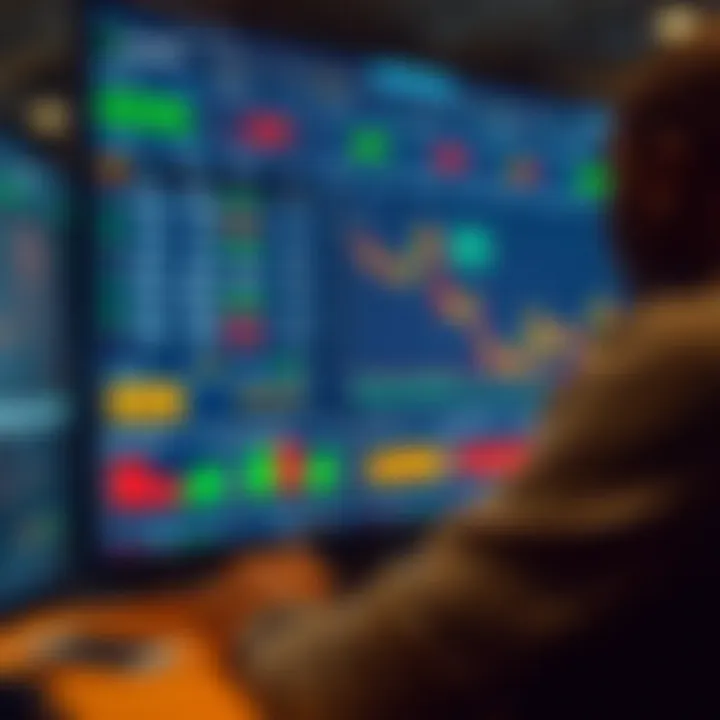 Illustration of a digital interface displaying binary trading options and charts