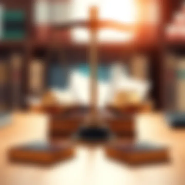 Conceptual representation of legal scales balancing financial documents and trading symbols