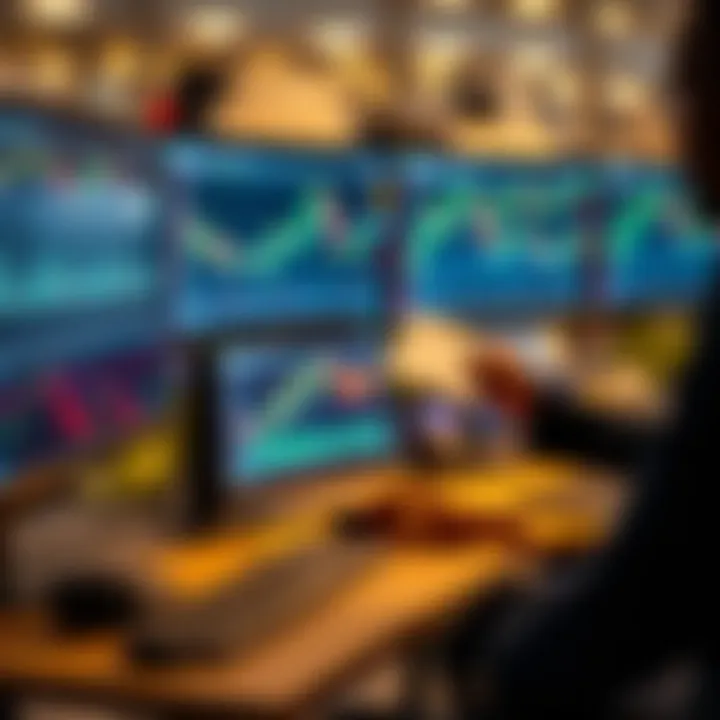 Forex Market Analysis Using Advanced Trading Tools Close-up of a trader analyzing forex market data with charts and indicators on multiple screens