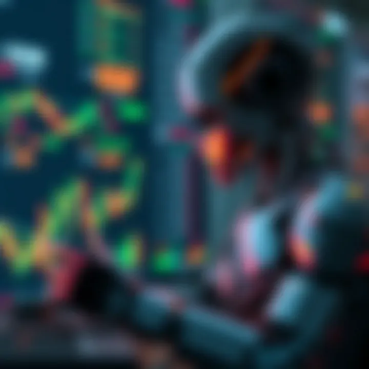 Automated Trading Robot Analyzing Financial Data for Binary Options Conceptual graphic of a robot interacting with financial data charts and binary options symbols