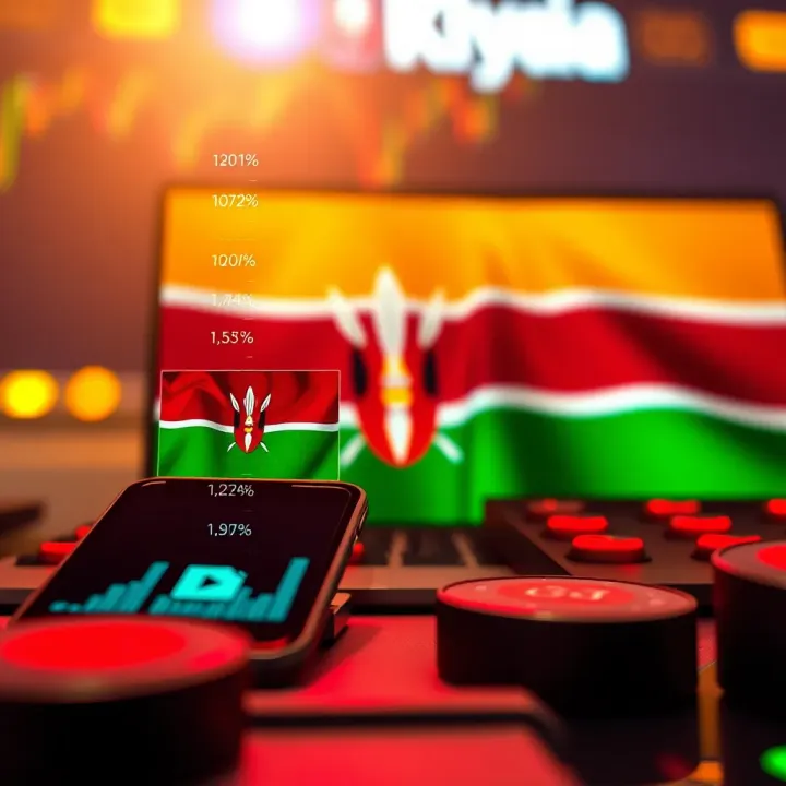 Conceptual illustration of binary options trading with technology symbols and Kenyan flag colors
