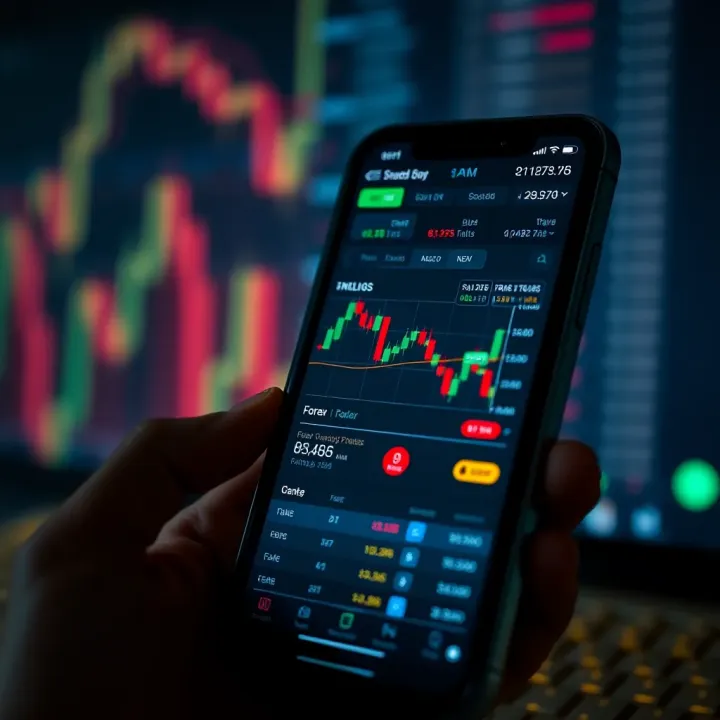 Mobile phone displaying a forex trading app interface with charts and currency pairs