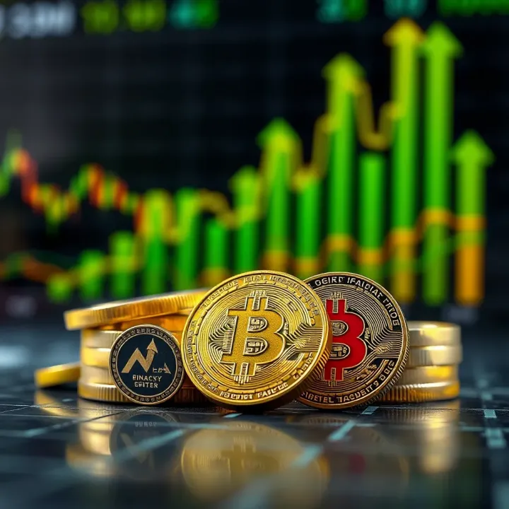 Conceptual graphic showing digital currency symbols and financial growth charts