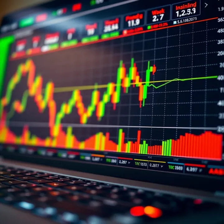 Financial graph with candlestick patterns and technical indicators on trading platform