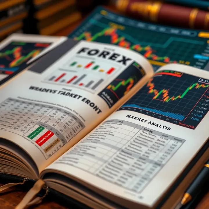 Open book with forex trading charts and data on pages