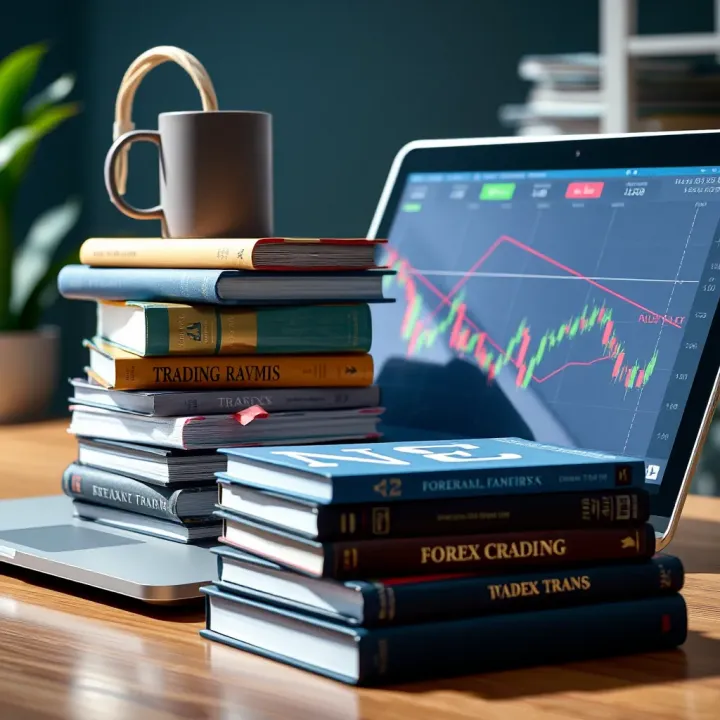 Stack of forex trading books alongside a laptop displaying currency exchange rates