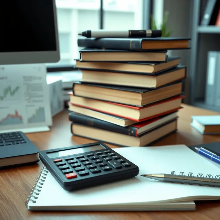Stack of forex trading books with a calculator and notebook on a desk