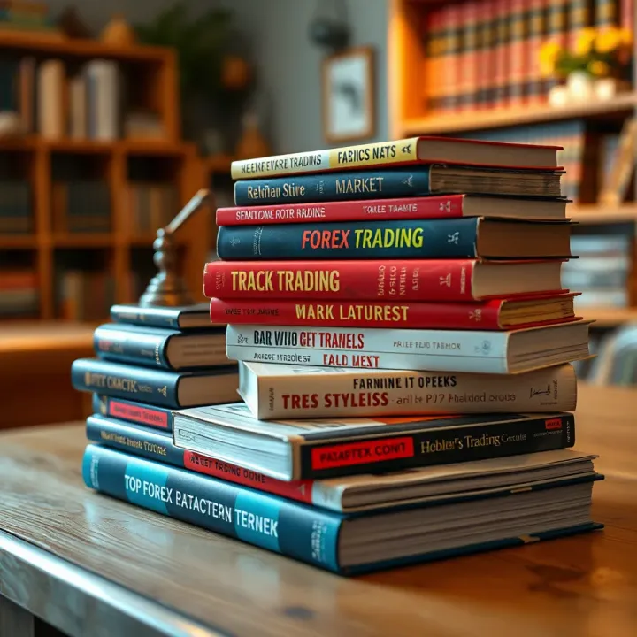 Books on forex trading strategies and market analysis stacked on a wooden table