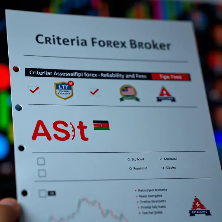 Graphic depicting a checklist for evaluating forex brokers with regulatory badges and fee icons