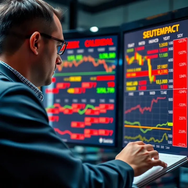 Forex trader analyzing an economic calendar with various currency icons and event impact levels