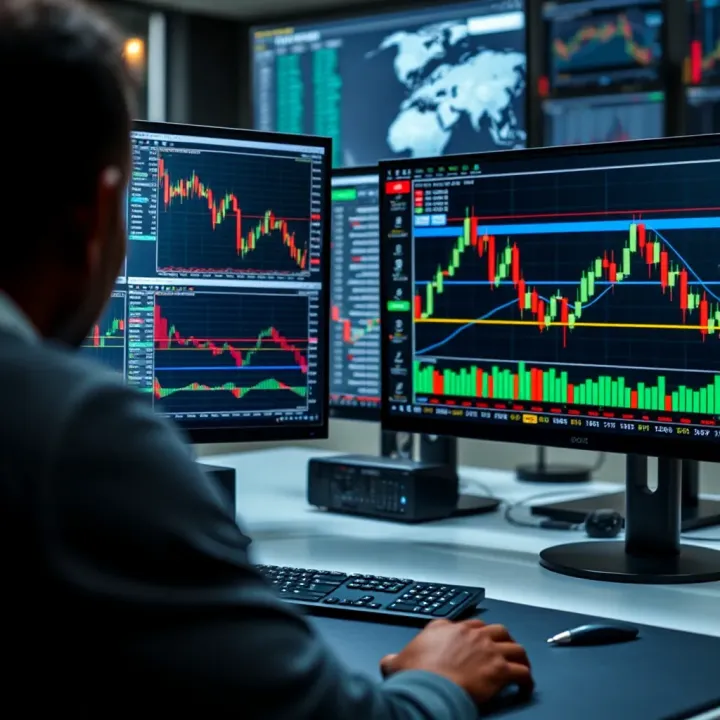 Graphs and charts showing forex market trends and analysis on computer screens