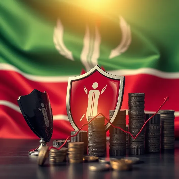Conceptual illustration of risk management with protective shields and financial growth graphs over Kenyan flag background