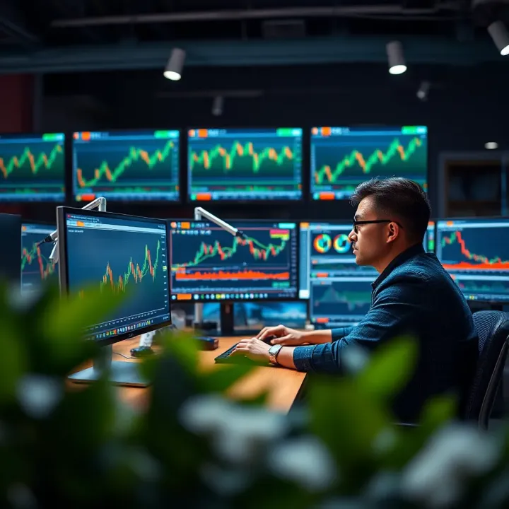 Trader analyzing multiple financial charts on computer monitors in a modern office