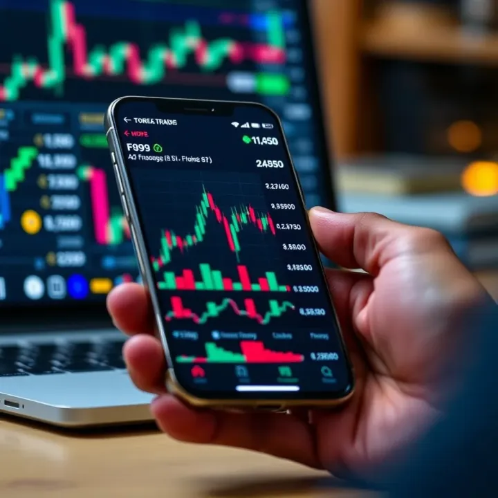 Mobile device displaying a forex trading app interface with charts and currency pairs