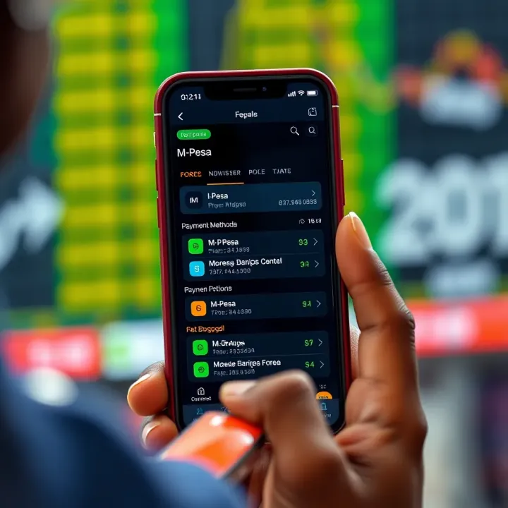 Mobile phone displaying forex trading app with M-Pesa payment method options