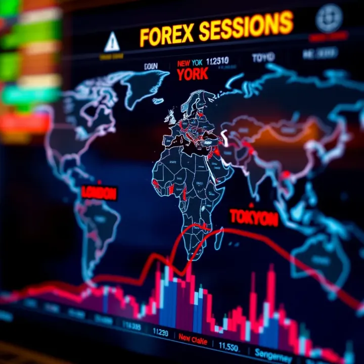 World map highlighting London, New York, Tokyo, and Sydney with corresponding forex trading session times in Kenyan timezone