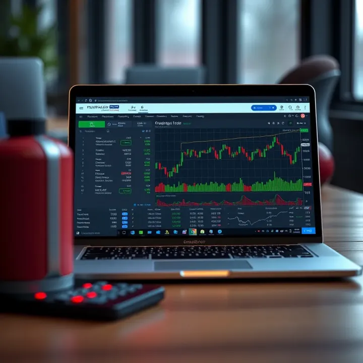 Laptop with forex trading platform dashboard open, displaying analytics and trading options