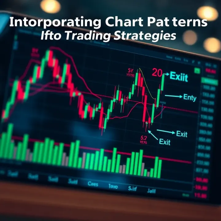 Graphic showing integration of chart pattern analysis into a trading strategy with annotations highlighting entry and exit points