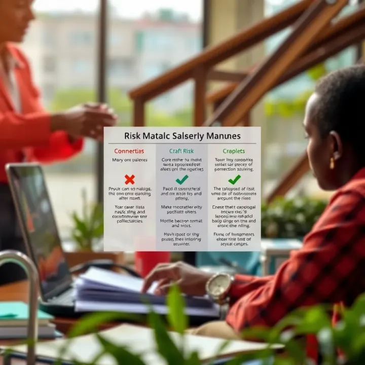 Risk Management Application in Kenyan Business Context Illustration of a Kenyan business environment with risk factors highlighted and mitigation strategies applied