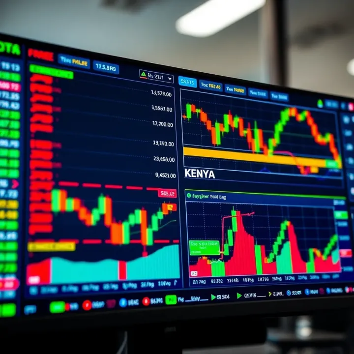 Digital interface displaying various forex currency pairs and trading charts with Kenyan shilling highlighted