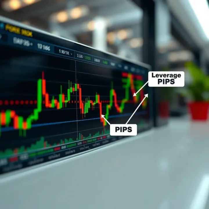 Graph showing currency pair price movement with annotations explaining pips and leverage