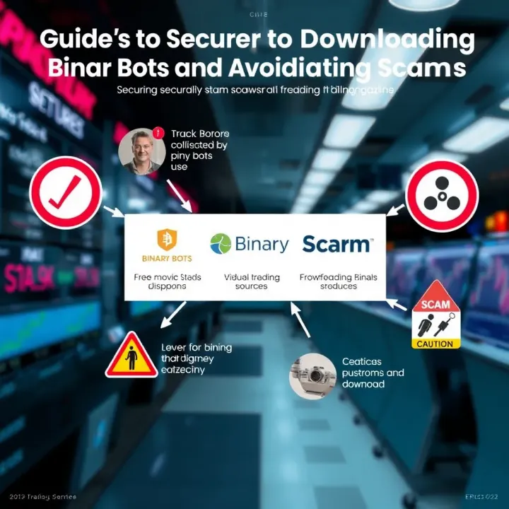Diagram showing secure download sources for binary bots with caution signs for scams
