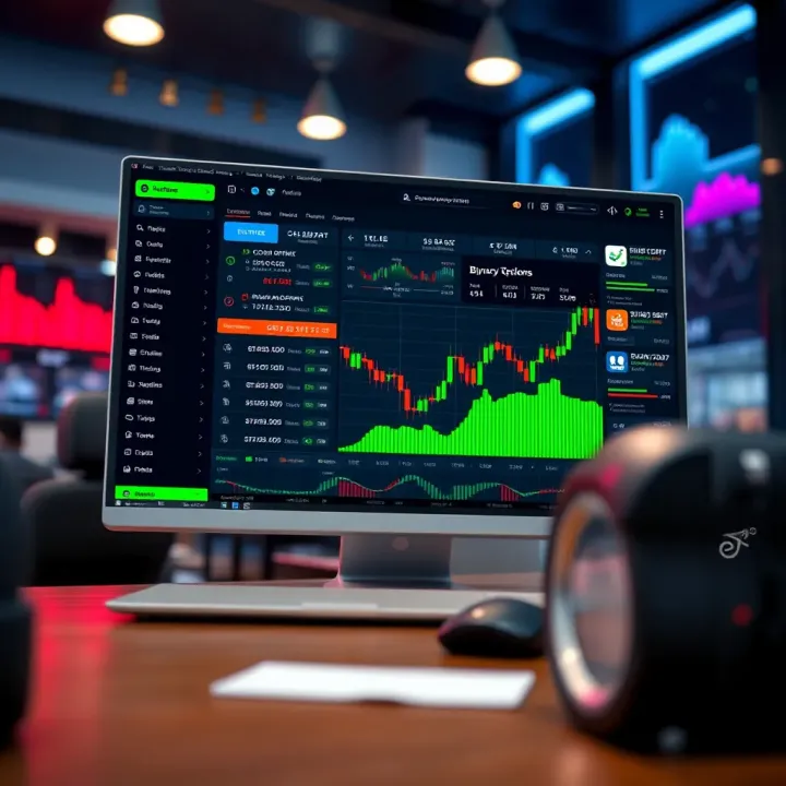 User interface displaying binary options trading platform with automated bot settings