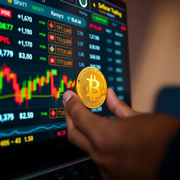 Digital interface displaying various cryptocurrency trading pairs and Kenyan shilling currency symbol