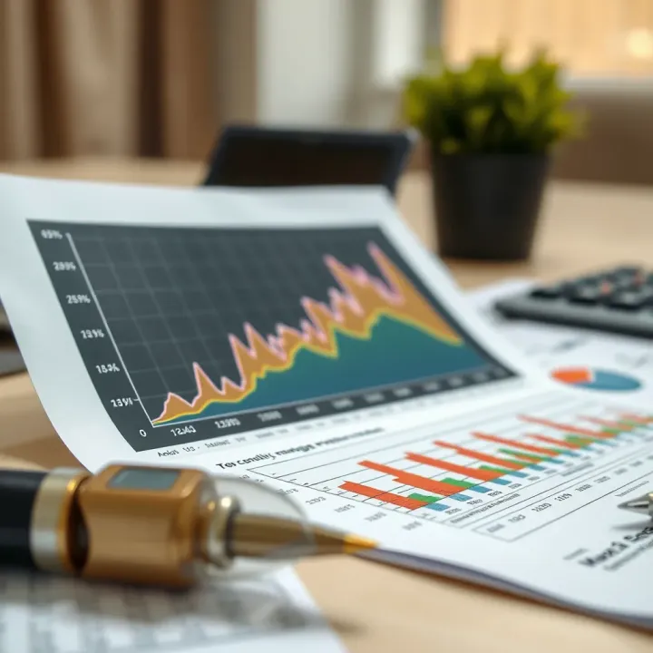 Graph showing trend analysis and risk levels with financial documents on a desk