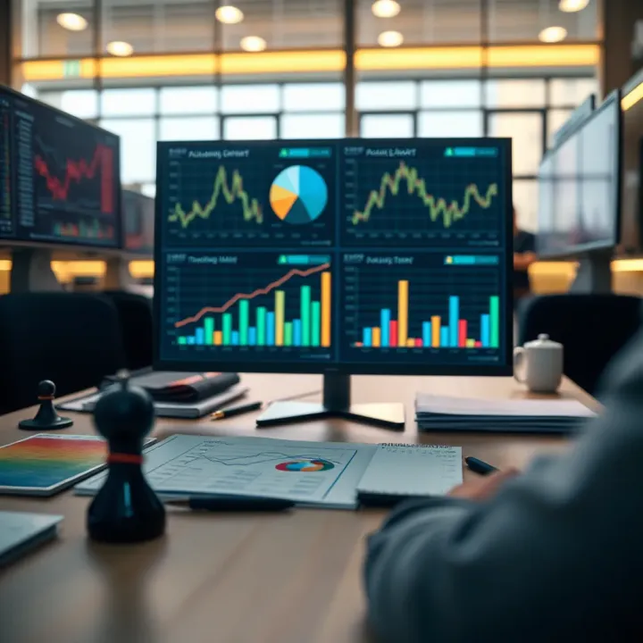 Conceptual graphic showing risk assessment and decision-making in a business setting with charts and data visuals
