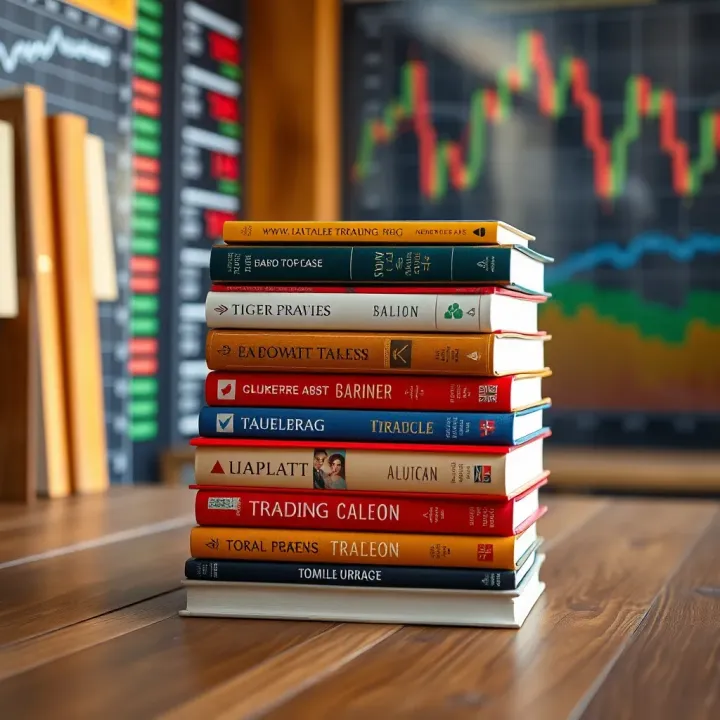 Stack of essential forex trading books on wooden table with financial charts background