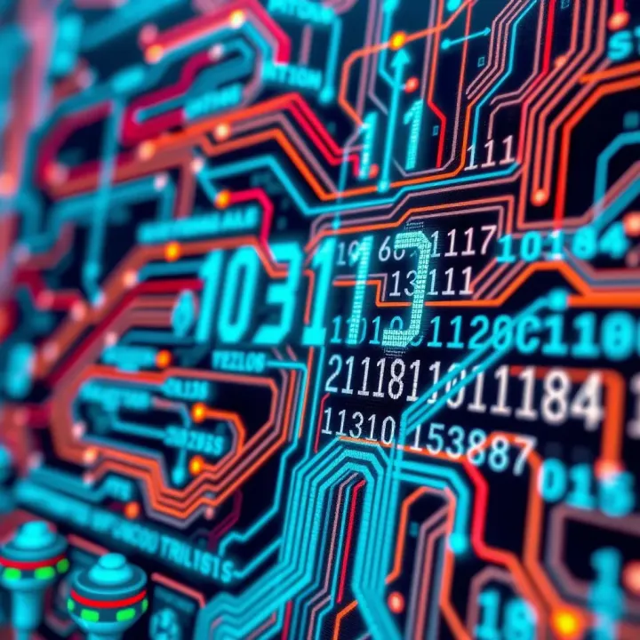 Conceptual graphic showing electronic circuits with binary digits representing data flow