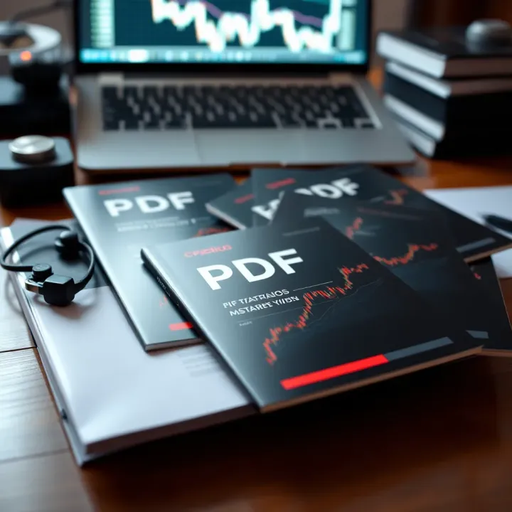 Collection of digital PDF guides spread out on a desk, showcasing resources for learning binary options trading